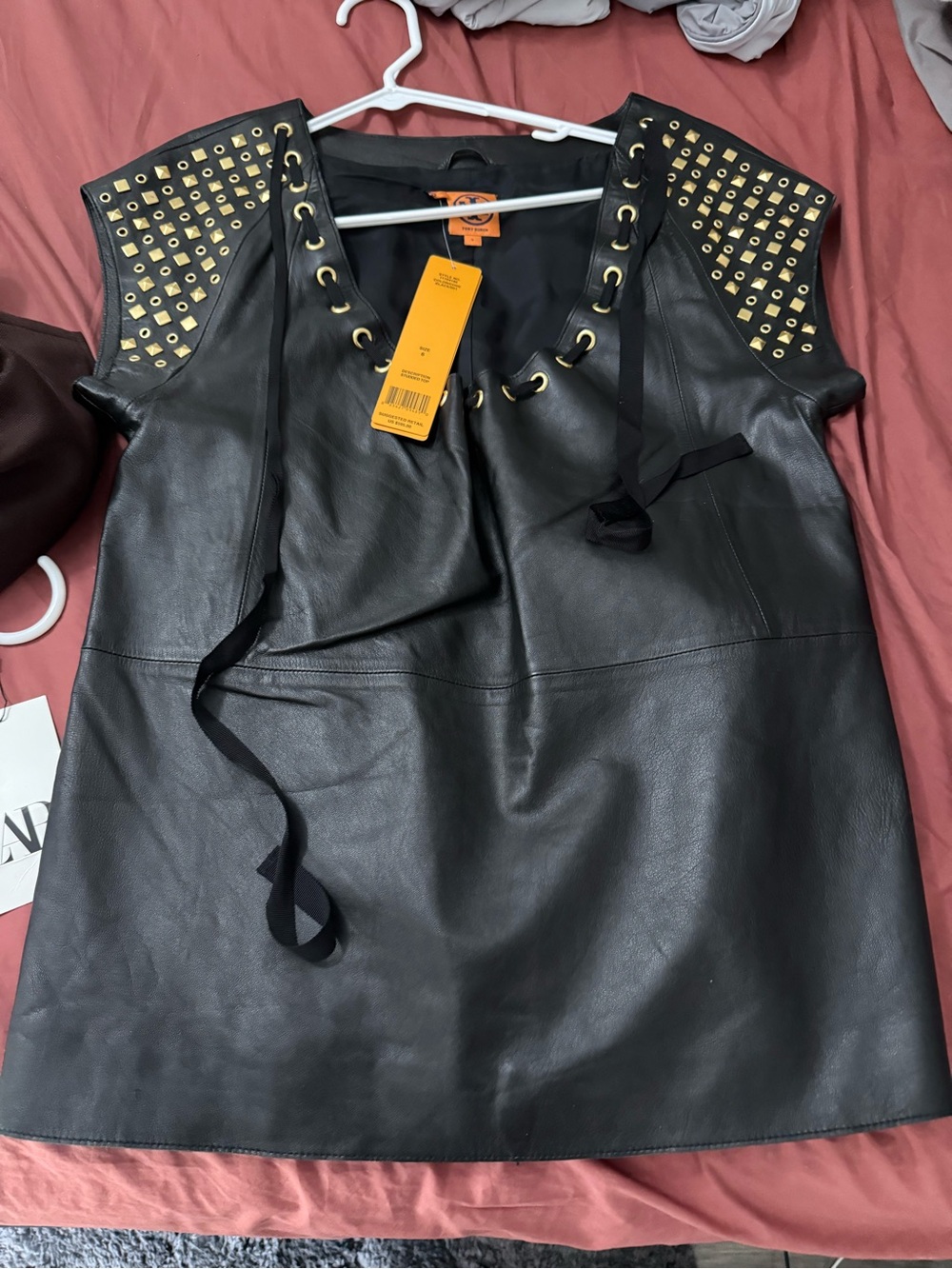 NWT Tory Burch Black Leather Studded Leather Top with Gold Eyelets